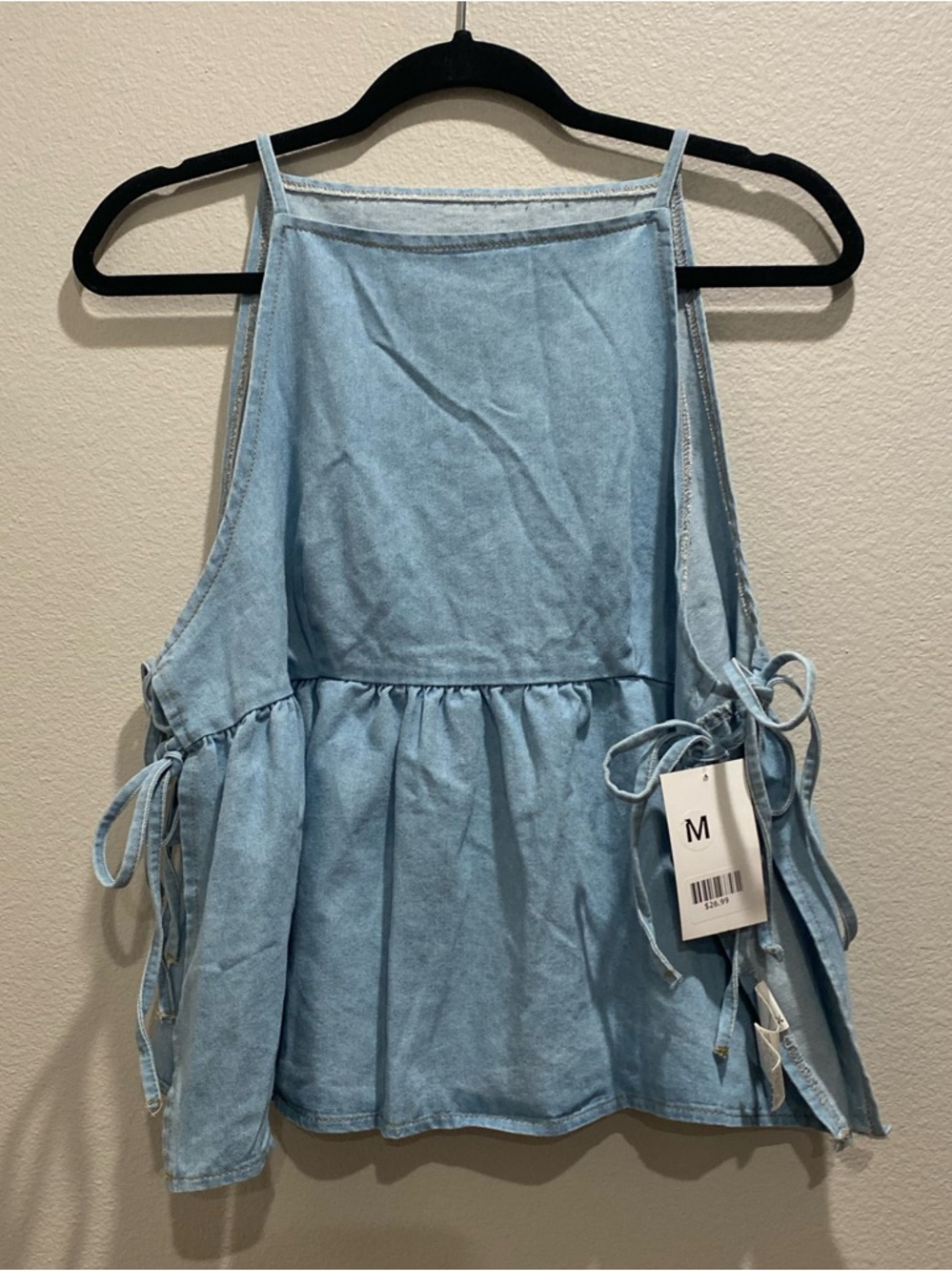 Light Blue Denim-Style Tie-Side Peplum Women's Top